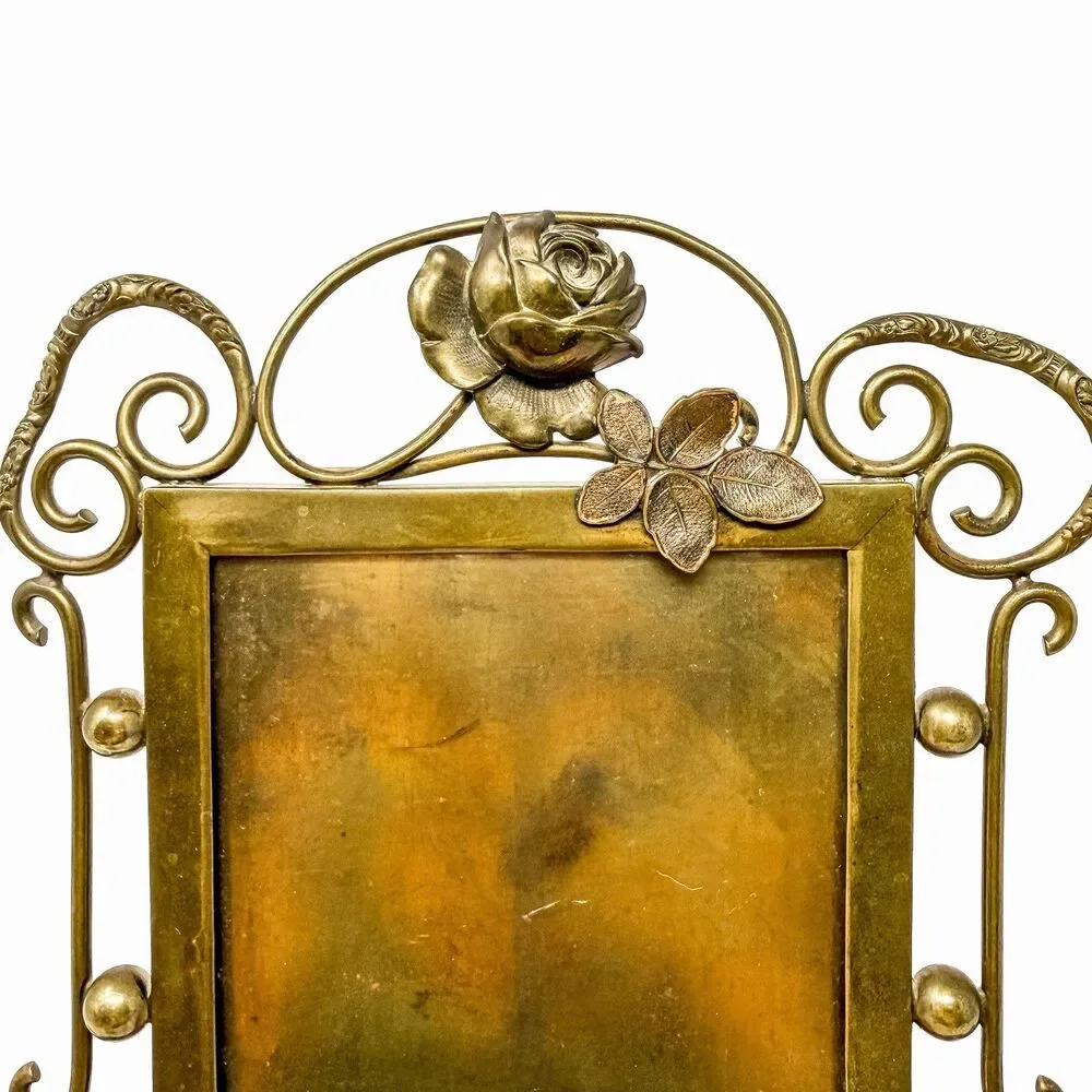 Antique Art Nouveau Brass Picture Frame Rose Floral Whiplash Easel c1900